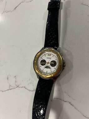 Vintage 1992 Guess Sport Divers Moon Phase Watch with Black Leather Strap